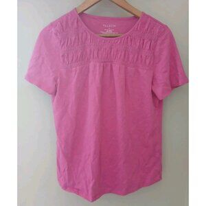 Talbots Smocked Crewneck S/S Tee Top Size Medium Pink Cotton Casual Work